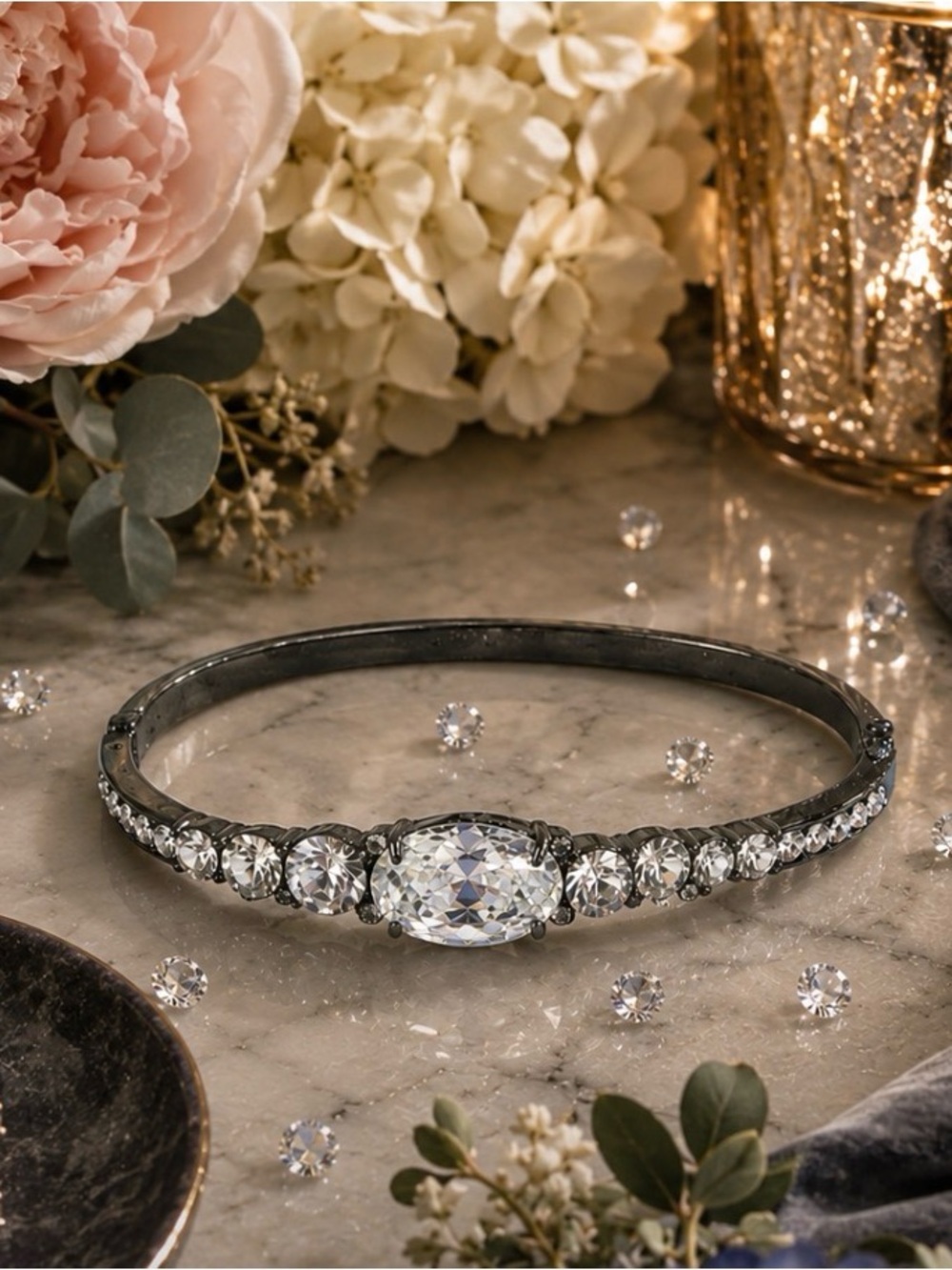 GIVENCHY Clear Ice Crystals Gun Metal Hinged Bangle Bracelet